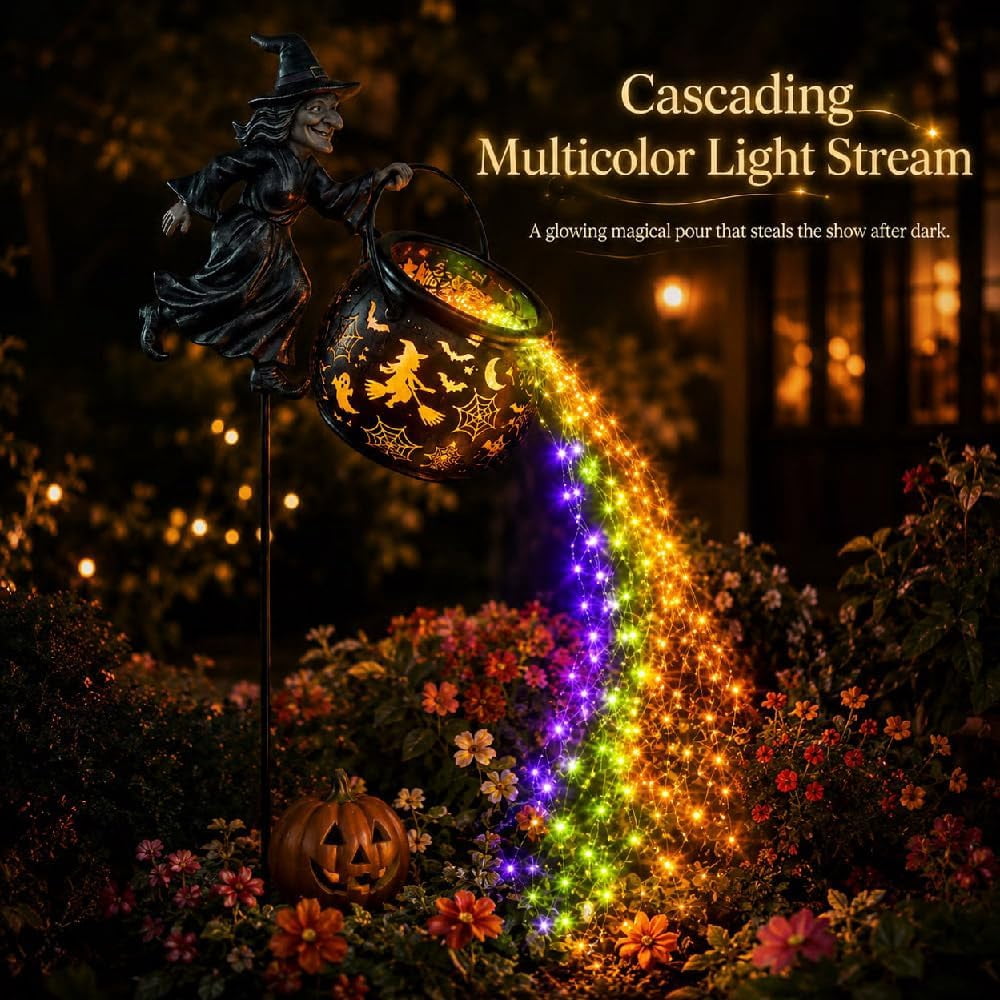 Haunt & Co Halloween Witch Cauldron Garden Light, Waterfall-Style Enchanted Witch Cauldron Garden Decoration, Halloween LED Projector Lights Decorations Outdoor with Stake