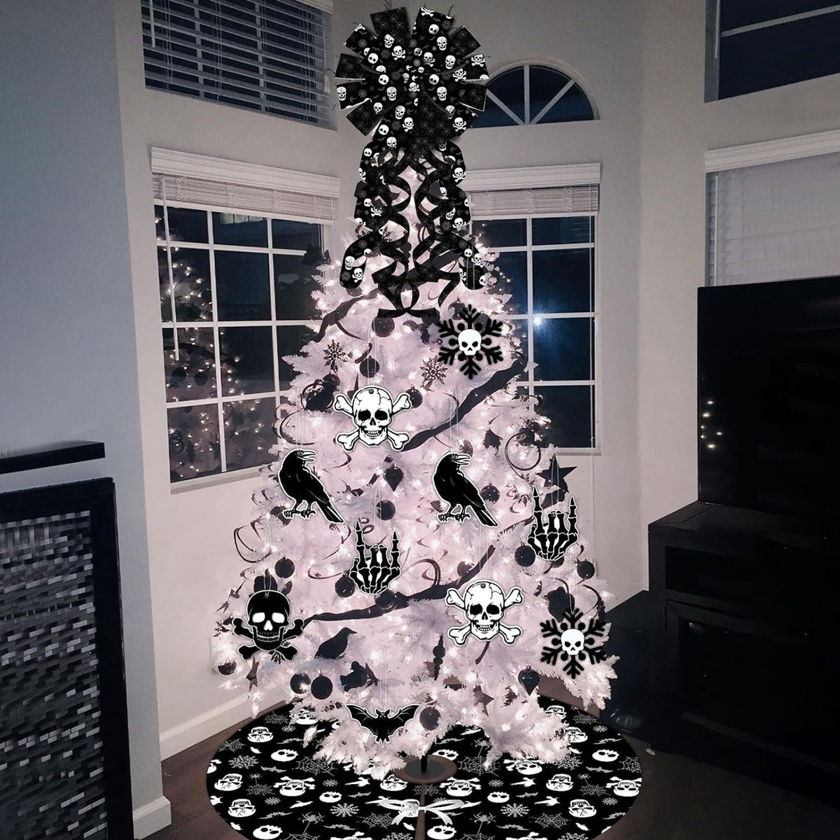 Haunt & Co Black Gothic Christmas Tree Decorations with Scary Skull Christmas Tree Skirt, Large Decorative Tree Topper Bow, 12Pcs Tree Hanging Ornaments for Winter Halloween Xmas Tree Decor