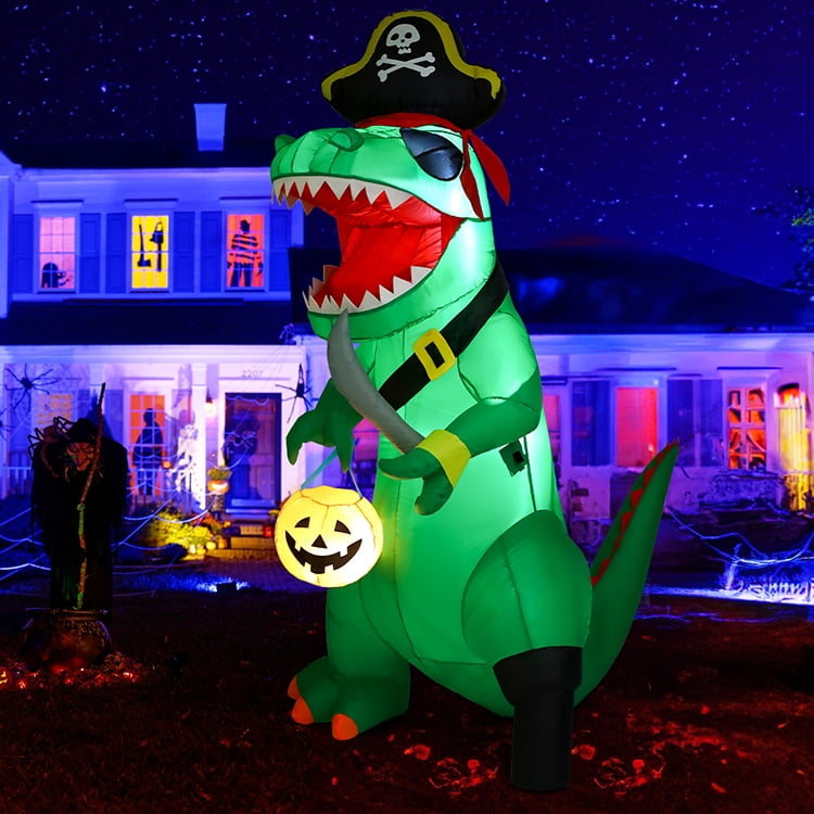 Haunt & Co 7FT Outdoor Halloween Dinosaur Inflatable, Halloween Inflatables Blow up Dinosaur, Green Pirate Dino Dinosaur Halloween Inflatable for Holiday/Party