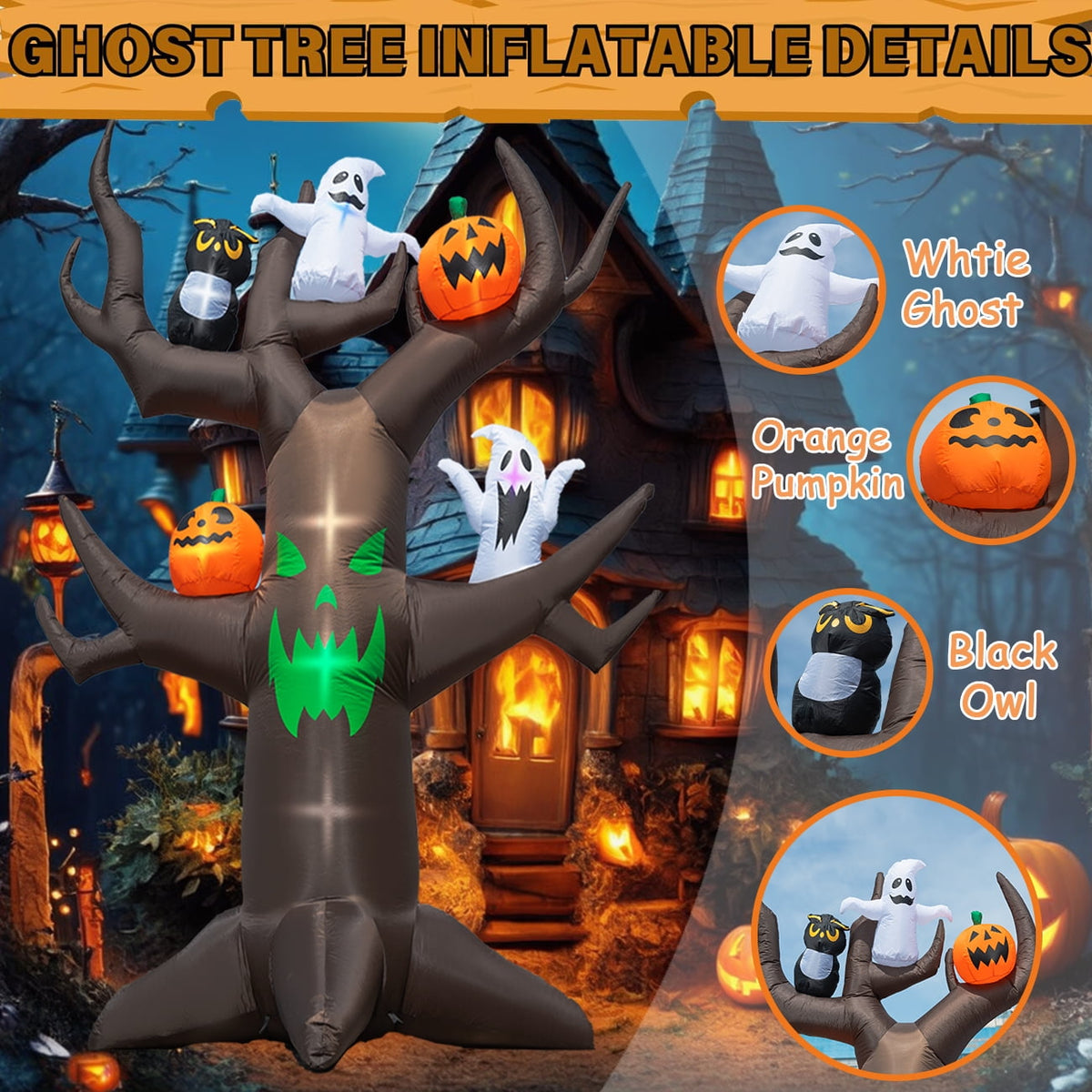 Haunt & Co Coolmade 9ft Halloween Inflatable Tree Decoration with pumpkin, Ghost, Owl, Blow up Yard Inflatables with Built-in LEDs