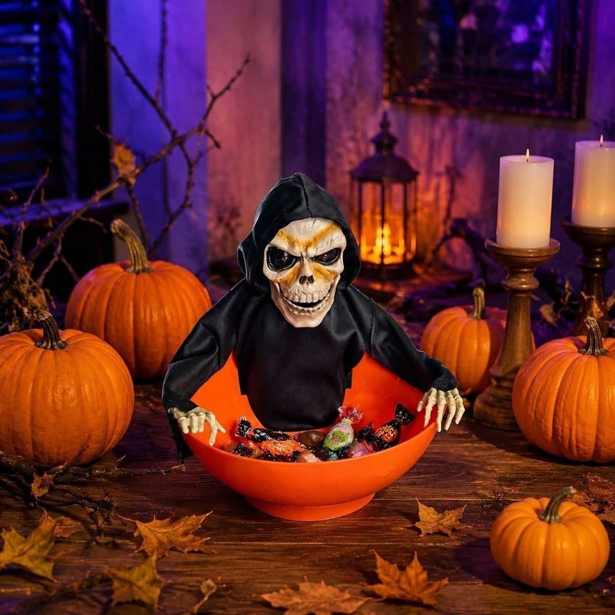 Haunt & Co GIPQJK Summerween Halloween Electric Ghost Fruit Tray Decor Light Up Sound Activated Swinging Head Motion Party Prop Plastic Ornament C