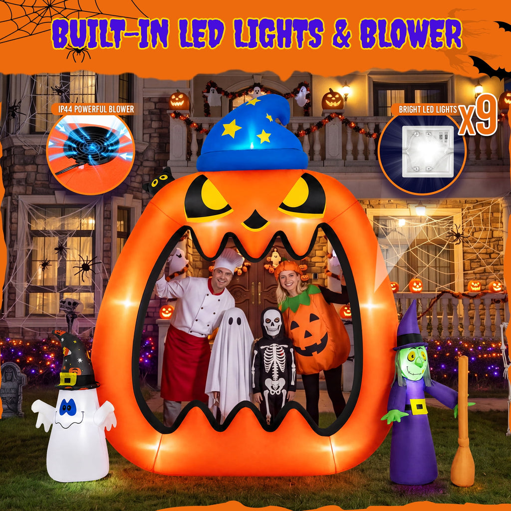 Haunt & Co 8.2ft Halloween Inflatable Pumpkins Photo Door with Ghost Witch Yard Party Outdoor Decorations with LED Lights