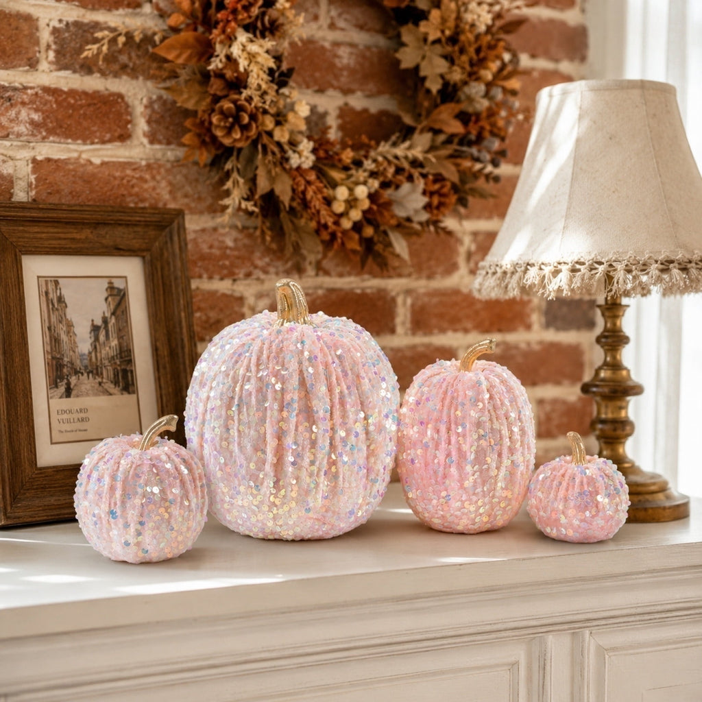 Haunt & Co Gaecuw 7 Pack Glitter Pumpkin Decor Sequin Velvet Fall Ornaments for Thanksgiving Table, Halloween Display, Mixed Sizes, Beige
