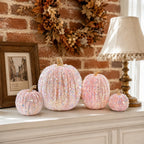 Haunt & Co Gaecuw 7 Pack Glitter Pumpkin Decor Sequin Velvet Fall Ornaments for Thanksgiving Table, Halloween Display, Mixed Sizes, Beige