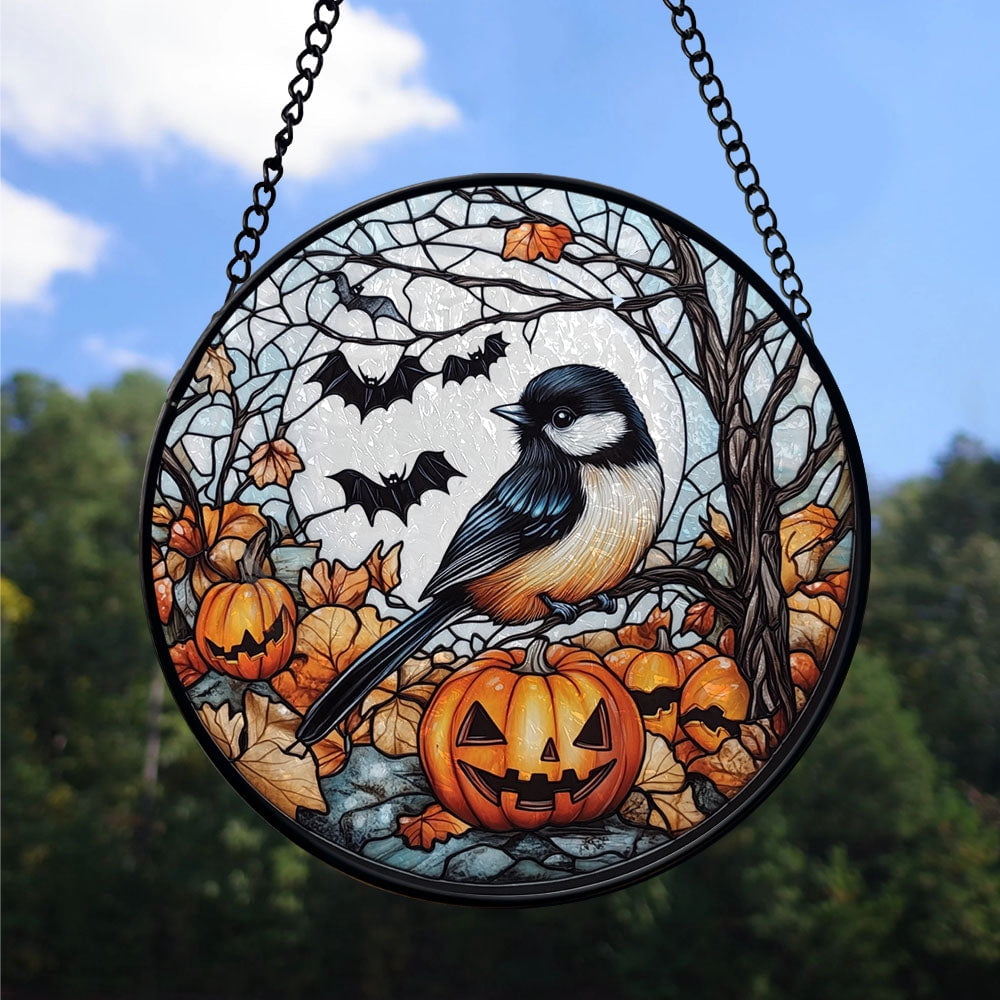 Haunt & Co Christmas Gift - Halloween Chickadee Christmas Stained Glass Hanging Ornament - Glossy Round Holiday Tree Decoration, Xmas Gift for Dad, Mom, Family & Friends, Keepsake 2025