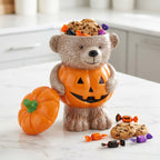 Haunt & Co Halloween Pumpkin Teddy Bear Candy Jar, Festive Snack Storage Container Decorative Resin Ornament, Cute Display Candy Holder for Kitchen Table Party Halloween Home Decoration Gift