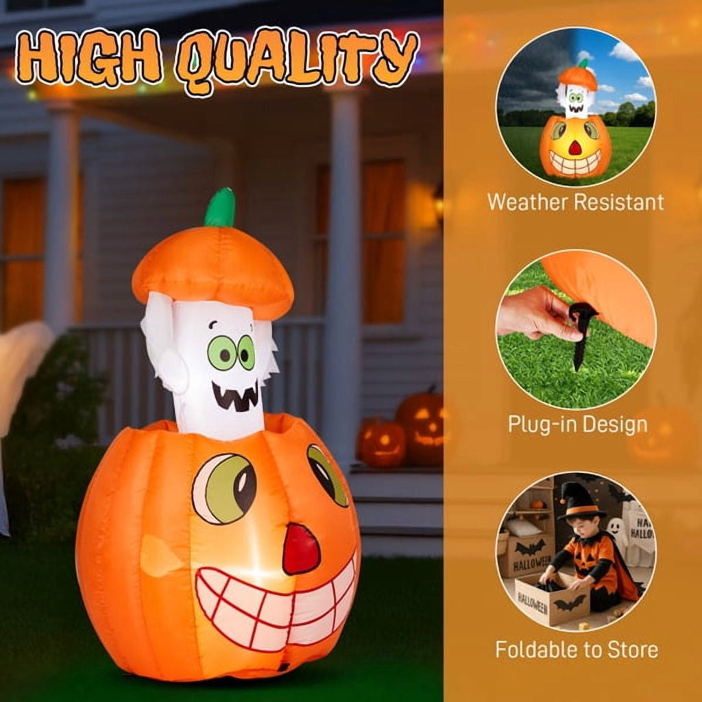 Haunt & Co 2.8FT Halloween Inflatable Animated Pumpkin Ghost, 2 White LED Lights, Weather-Resistant Polyester, for Small Spaces/Accent Decor