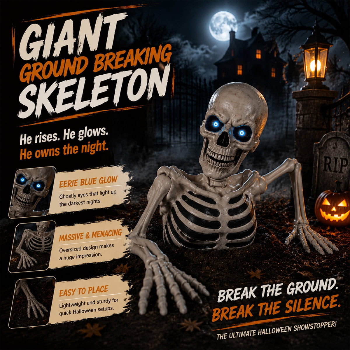 Haunt & Co Clearance Halloween Decorations Skeletons, Giant Ground Breaking Skeleton with LCD Eyes, Spooky Haunted Home Halloween Decorations Outdoor for Yard, Patio & Front Porch