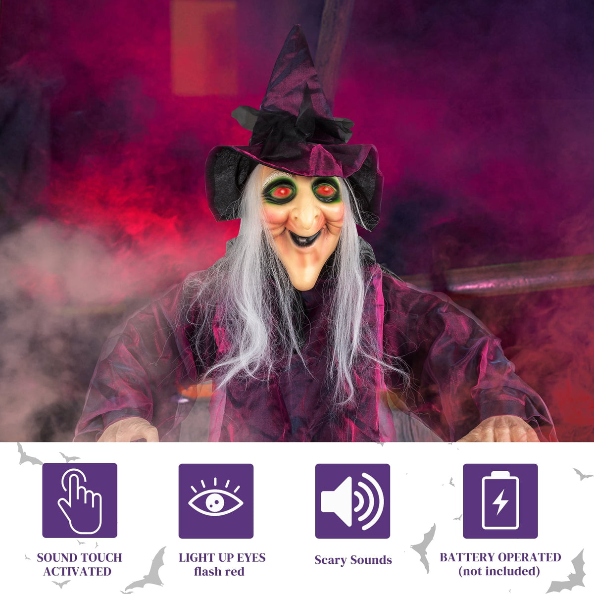 Haunt & Co Halloween Witch Hanging Animated Screaming Witch w/ Pre-Recorded Sound, LED Eyes
