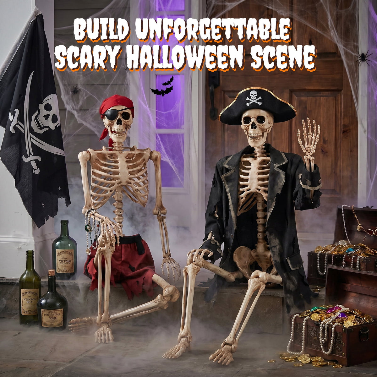 Haunt & Co 5.4ft Halloween Skeleton Decorations, Weathered Posable Skeleton Decor for Outdoor Indoor