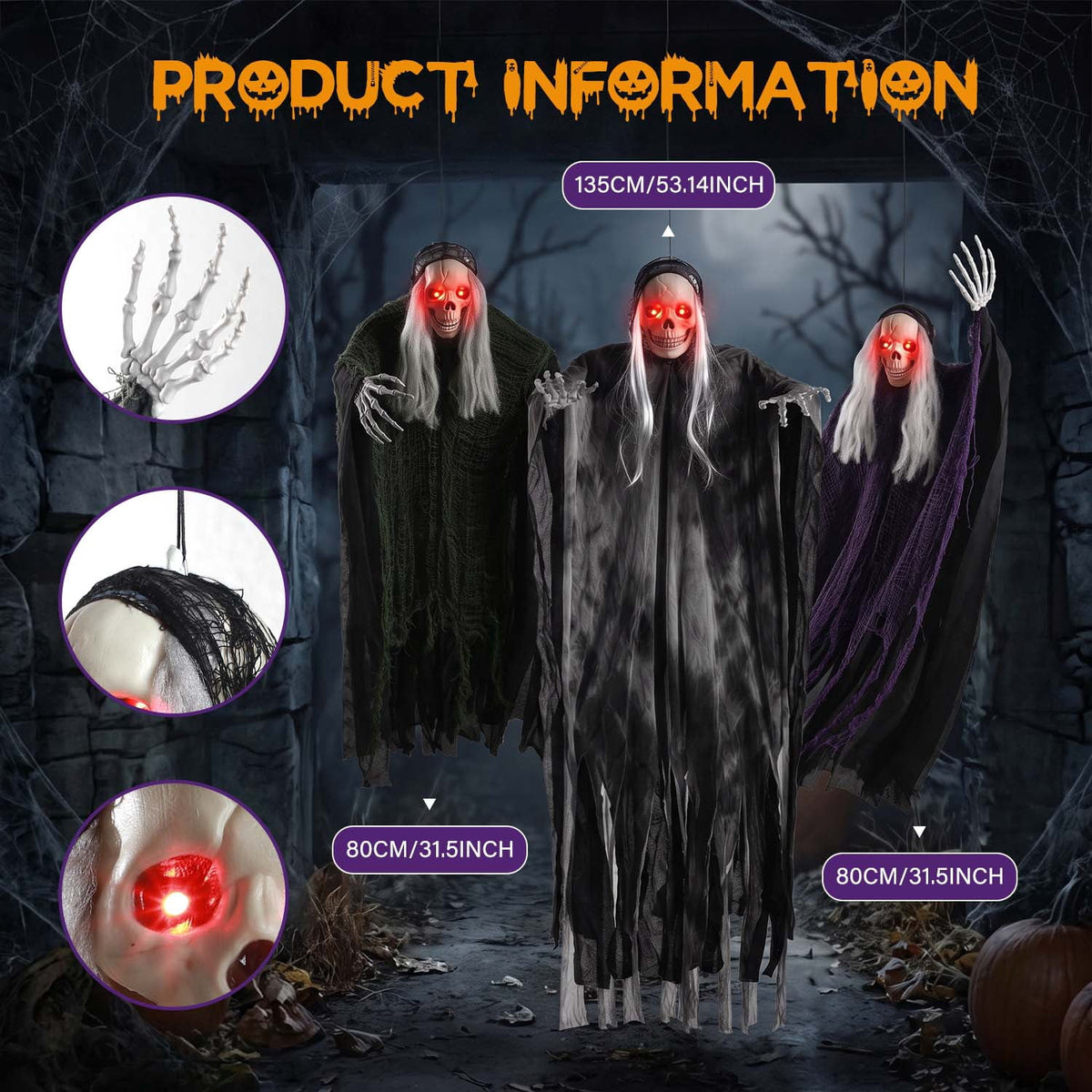 Haunt & Co 3 Pack Hanging Skeleton Ghosts for Outdoor, Grim Reaper for