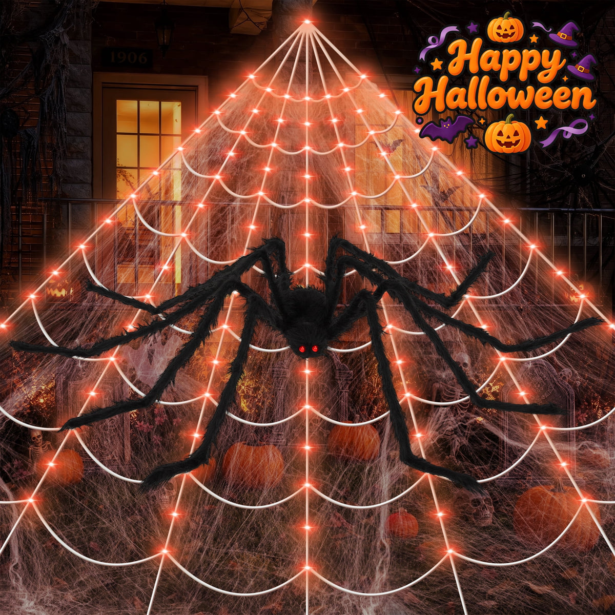 Haunt & Co Scidweet Outdoor, 350 LED Halloween Spider Web Lights with 79" Large Spider for Outside Garden Yard Home Decor, Orange
