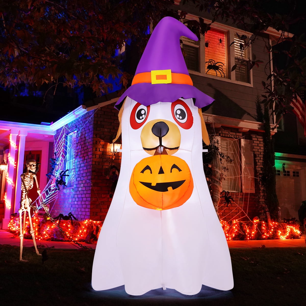 Haunt & Co Halloween Inflatables 6 FT Inflatable Ghost Dog with Pumpkin in Mouth & Witch Hat, Halloween Ghost Dog Inflatables with LED Lights, Outdoor for Halloween Holiday Party