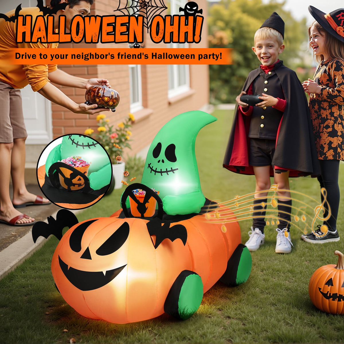 Haunt & Co (2 pack) 2.6ft Halloween Inflatable with Music and Lights,Remote Control Pumpkin Ghost Car,Blow ups Rc Car,Indoor Outdoor,Orange Green