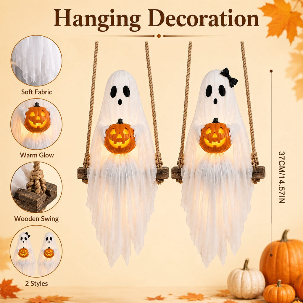 Haunt & Co Halloween Festival Ornament, Hanging Swing Ghost with LED Lights, 3.6FT Spooky Cute Ghost for Outdoor Lawn and Porch