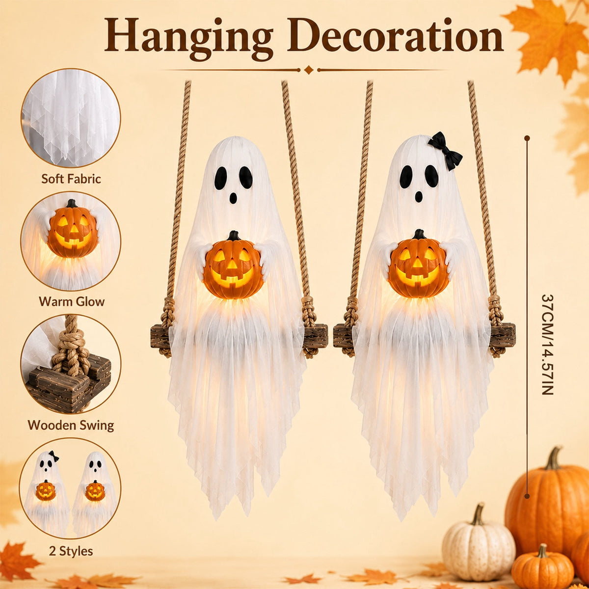 Haunt & Co Halloween Festival Ornament, Hanging Swing Ghost with LED Lights, 3.6FT Spooky Cute Ghost for Outdoor Lawn and Porch