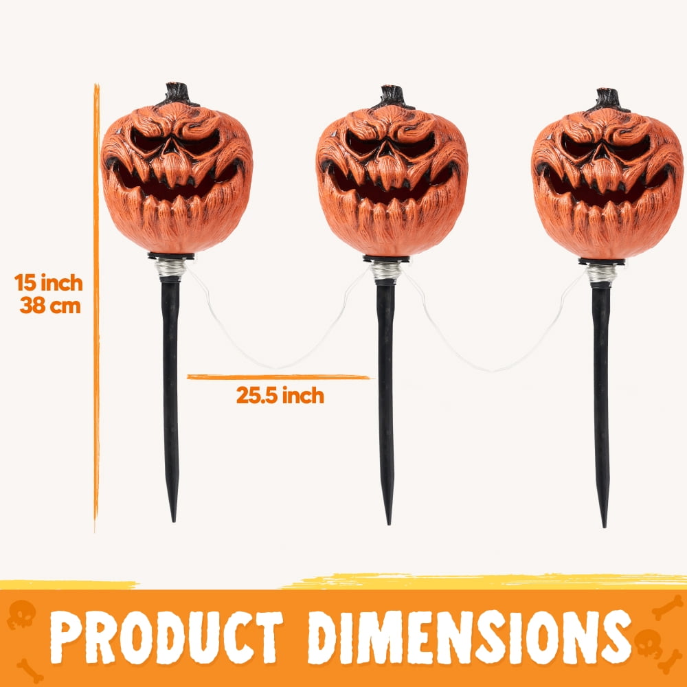 Haunt & Co 3 Pack Lighted Pumpkin Pathway Lights Stakes,Outdoor Jack-O-Lantern Waterproof Decorations,Scary Halloween Party Props Outdoor Yard Decor