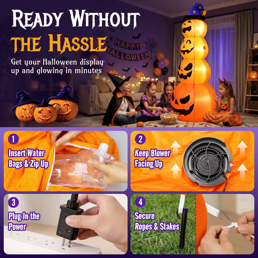 Haunt & Co 8 ft Halloween Pumpkin Stack Inflatable Decoration with Witch Hat, Lighted