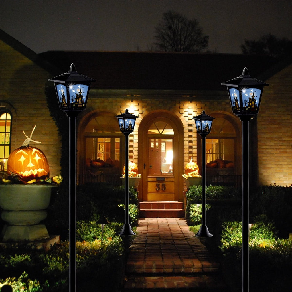 Haunt & Co 2-Pack Haunted House Solar Post Lights - Spooky with Eerie Glow, 40" Rust-Proof Stake, Auto On/Off