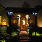 Haunt & Co 2-Pack Haunted House Solar Post Lights - Spooky with Eerie Glow, 40" Rust-Proof Stake, Auto On/Off