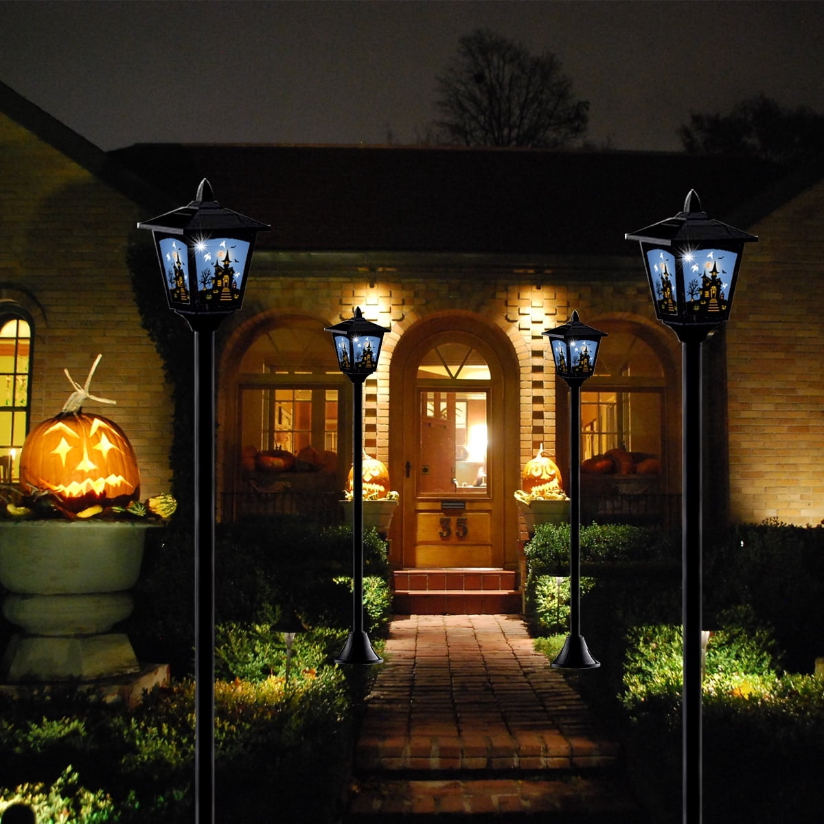 Haunt & Co 2-Pack Haunted House Solar Post Lights - Spooky with Eerie Glow, 40" Rust-Proof Stake, Auto On/Off
