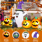Haunt & Co 8 FT Long Halloween Inflatable Ghost with Witch Hat, 6 Pumpkins Halloween Blow Ups with Black Cat