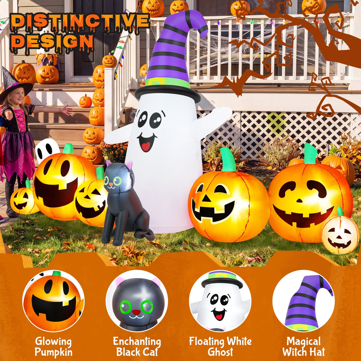 Haunt & Co 8 FT Long Halloween Inflatable Ghost with Witch Hat, 6 Pumpkins Halloween Blow Ups with Black Cat
