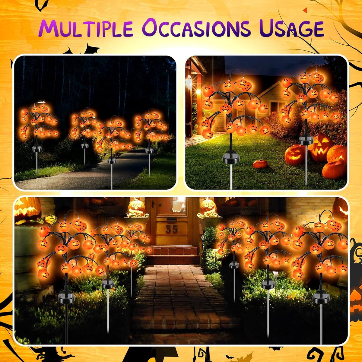 Haunt & Co 2 packs 40 LEDs Solar Halloween Pumpkin Stake Lights, 2 Modes Outdoor Waterproof , Solar Halloween Lights Stakes
