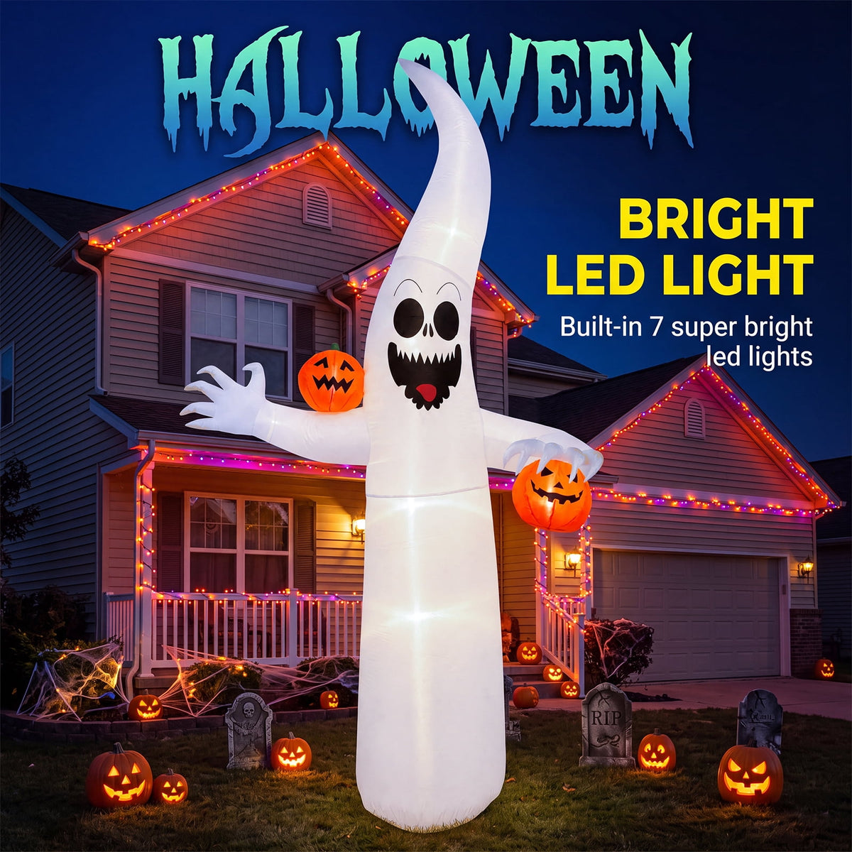 Haunt & Co VETPW Halloween Inflatable, 10 FT Giant Ghost Pumpkin Arch Inflatable Decoration with LED Light