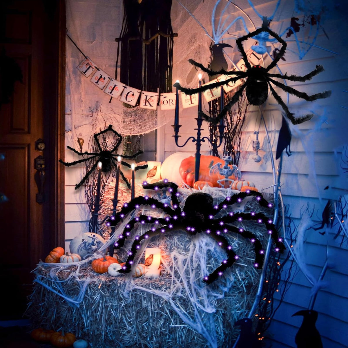 Haunt & Co Spider Webs Outdoor, 50" Light Up Giant Spider + 276" Triangular Spider Webs, Yard Outdoor