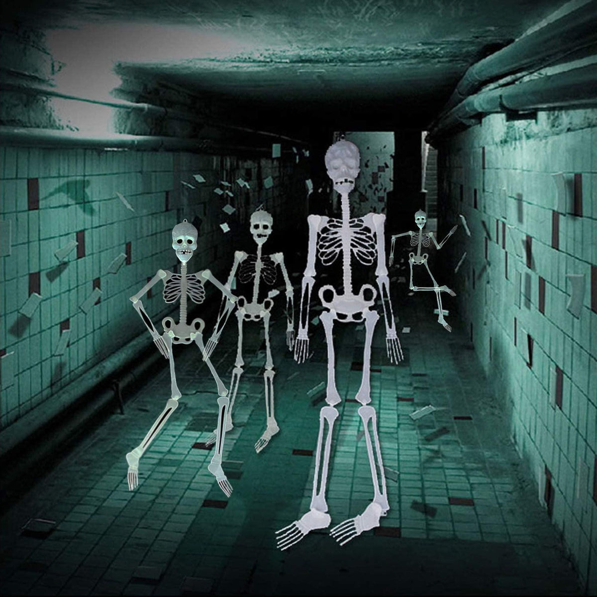 Haunt & Co Deago 4 Pack Halloween Hanging Luminous Skeleton Decorations 5 Ft Full Body Glow-in-The-Dark Poseable Skeleton for Outdoor Yard Garden Hanging Halloween Props