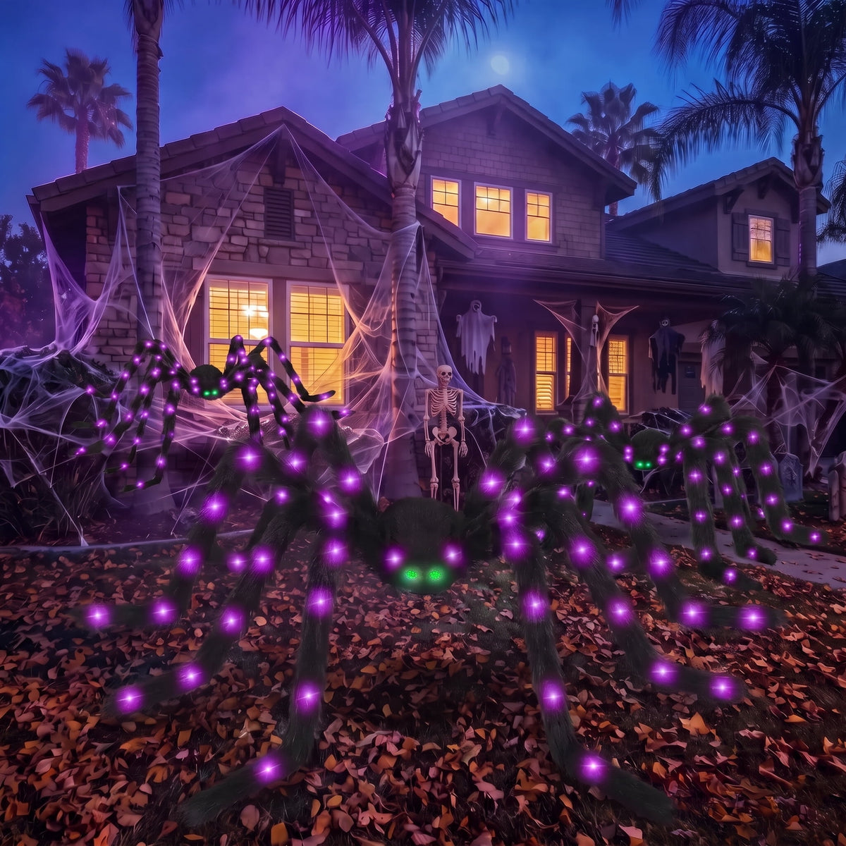 Haunt & Co Halloween Spider Decorations Set, 5FT and 2 Pack 4FT Lighted Giant Spider Decorations