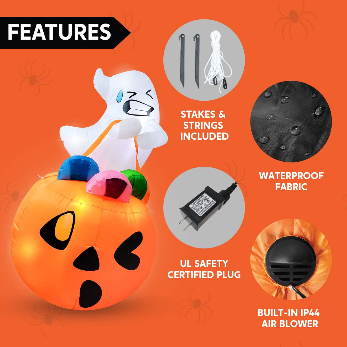 Haunt & Co 5ft Halloween Inflatables Light up Cute Ghost,Blow Up Ghost Lift Pumpkin Candy Bag with Build-in LEDs