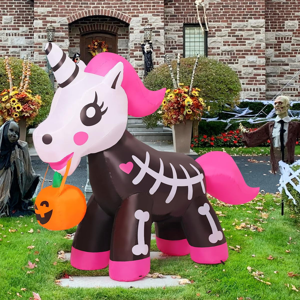 Haunt & Co COMIN 5 FT Halloween Inflatables Skeleton Unicorn Outdoor Decorations Blow Up Yard Pink Cute with Built-in LEDs