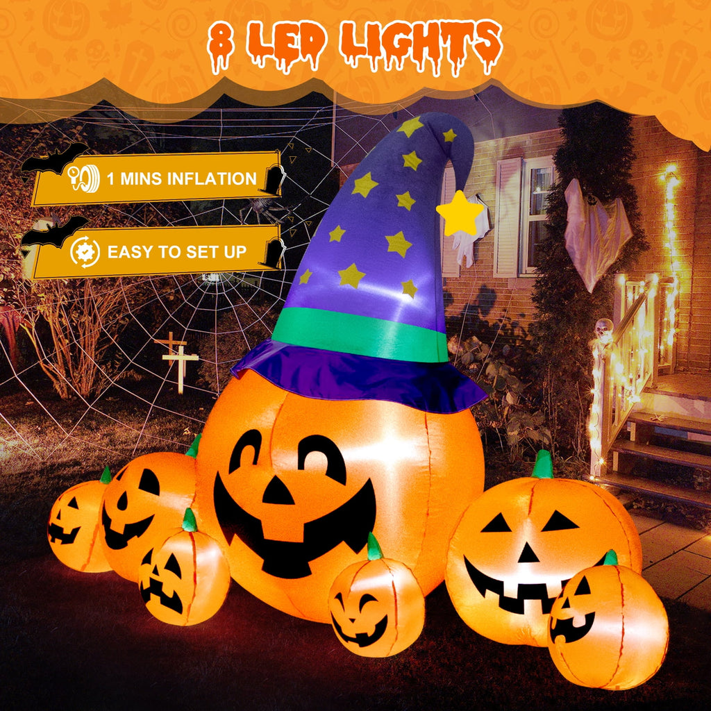 Haunt & Co 8.7FT Halloween Inflatable Pumpkin Set, 7-Pumpkin Outdoor Decoration with Witch Hats and LED Lights