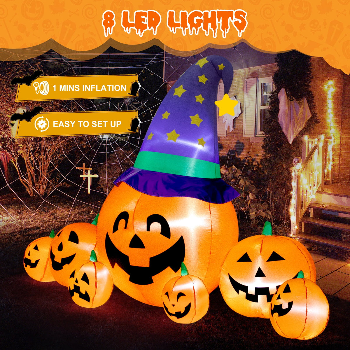 Haunt & Co 8.7FT Halloween Inflatable Pumpkin Set, 7-Pumpkin Outdoor Decoration with Witch Hats and LED Lights