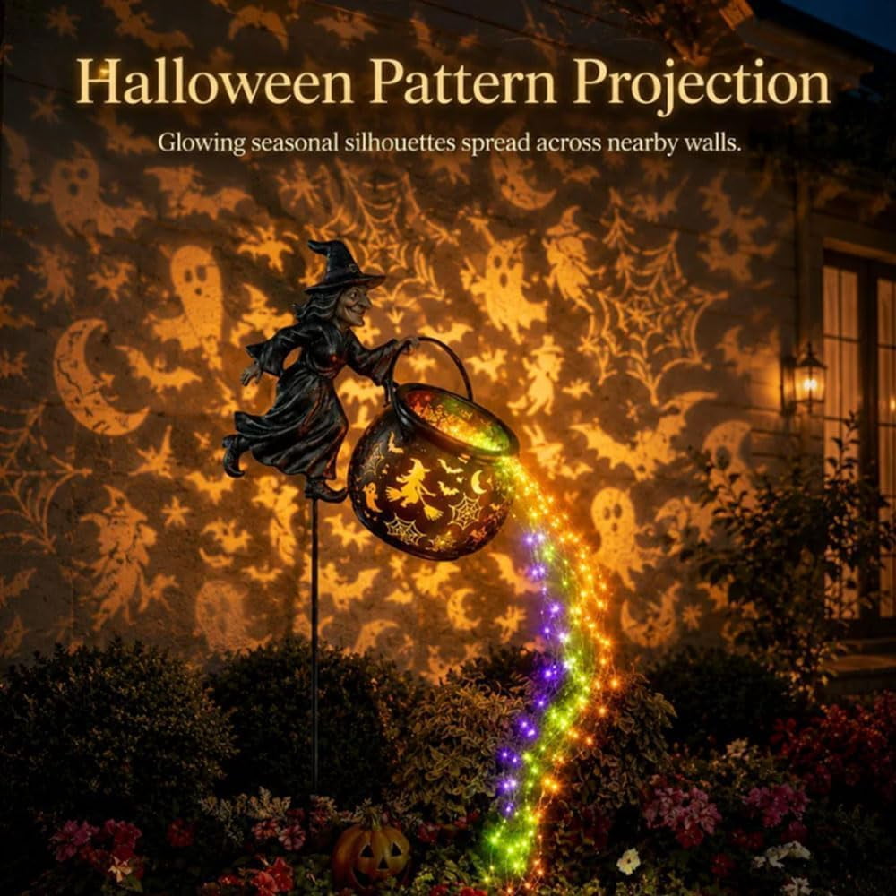 Haunt & Co Halloween Witch Cauldron Garden Light, Waterfall-Style Enchanted Witch Cauldron Garden Decoration, Halloween LED Projector Lights Decorations Outdoor with Stake