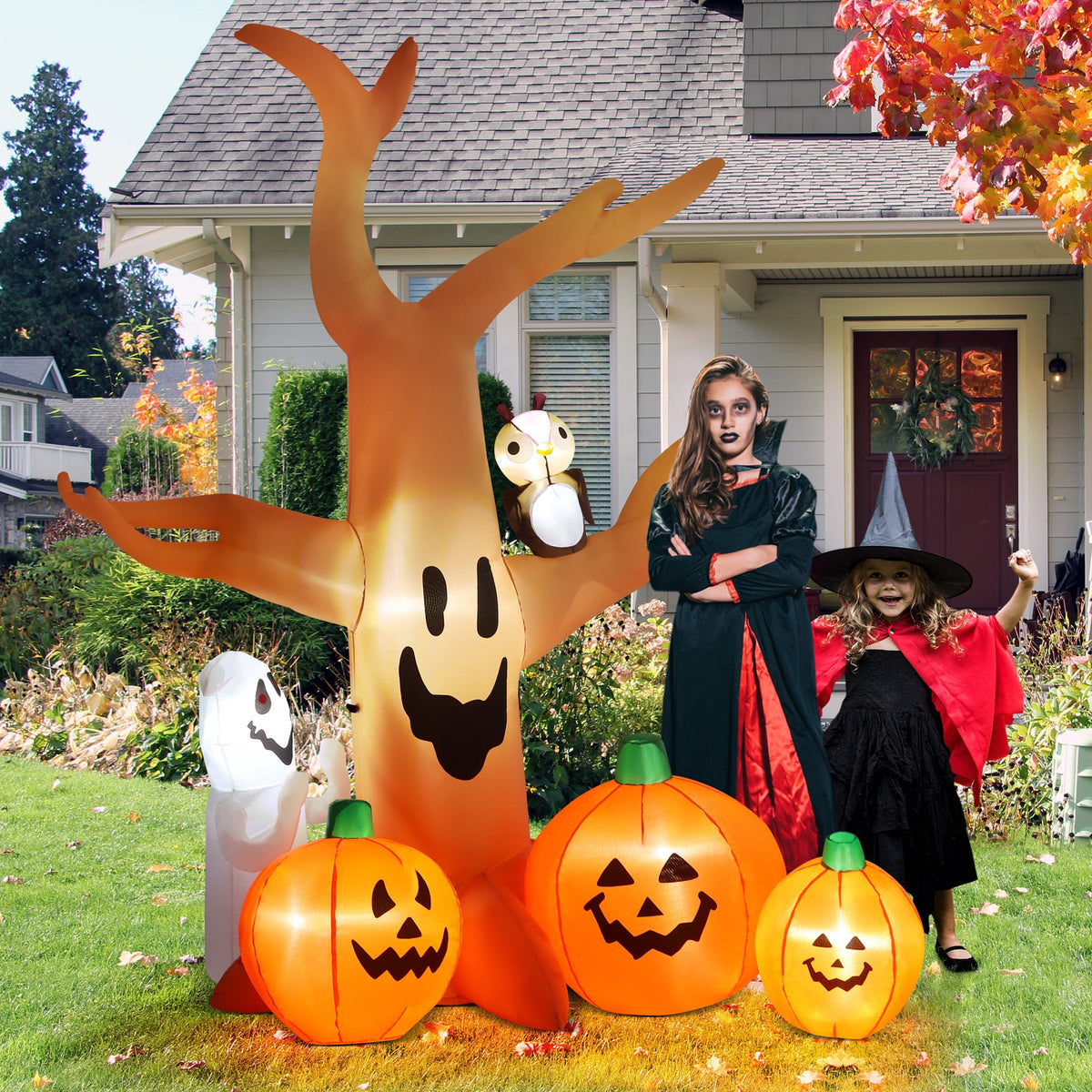 Haunt & Co 8FT Halloween Inflatables Dead Tree,Outdoor with Built-in LED Lights,Halloween Blow Up Yard Decorations with Pumpkin,Ghost,and Owl