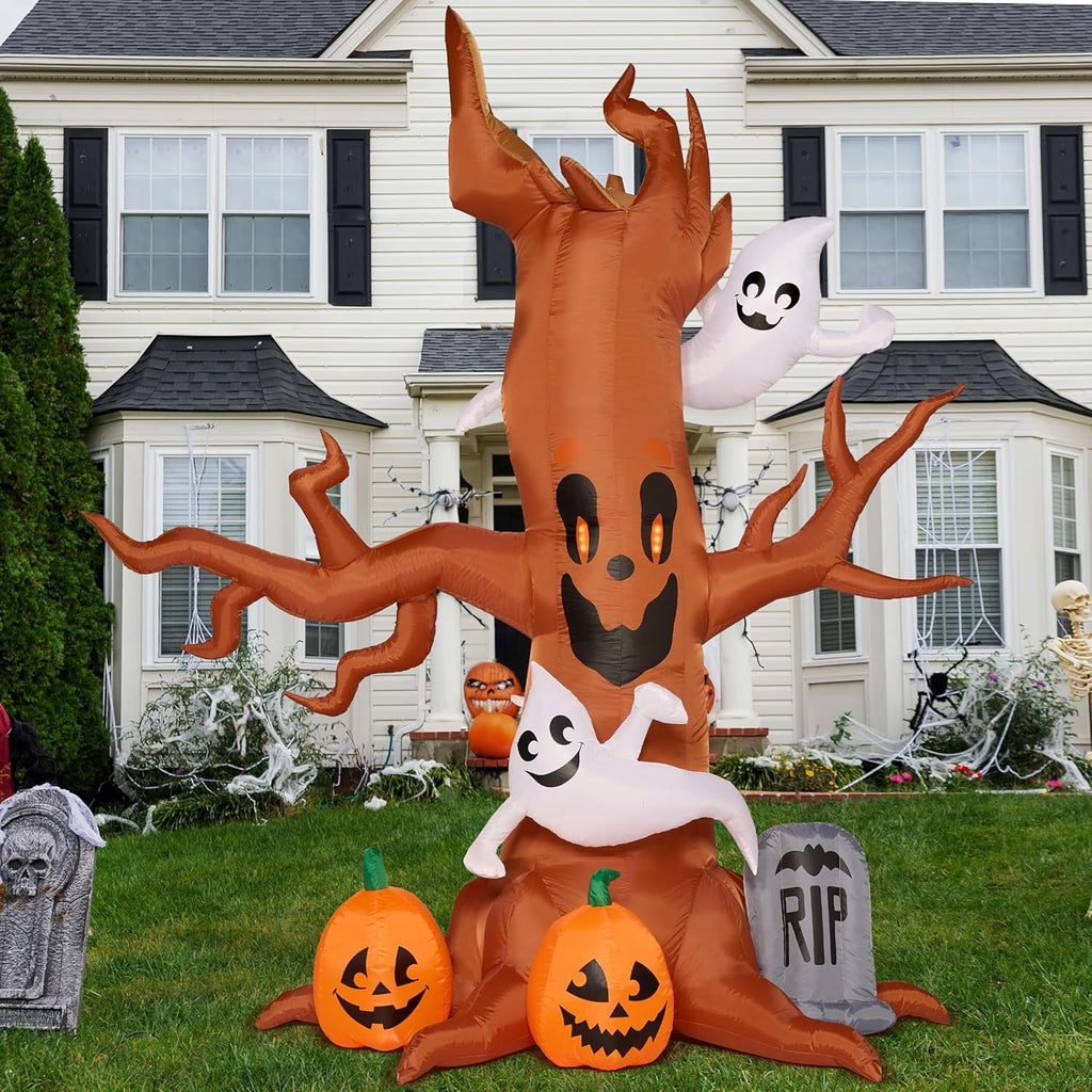 Haunt & Co 8 FT Halloween Inflatables Spooky Tree with Ghost,Pumpkin & Tombstone Tree Blow Up Decor with Built-in LED Lights
