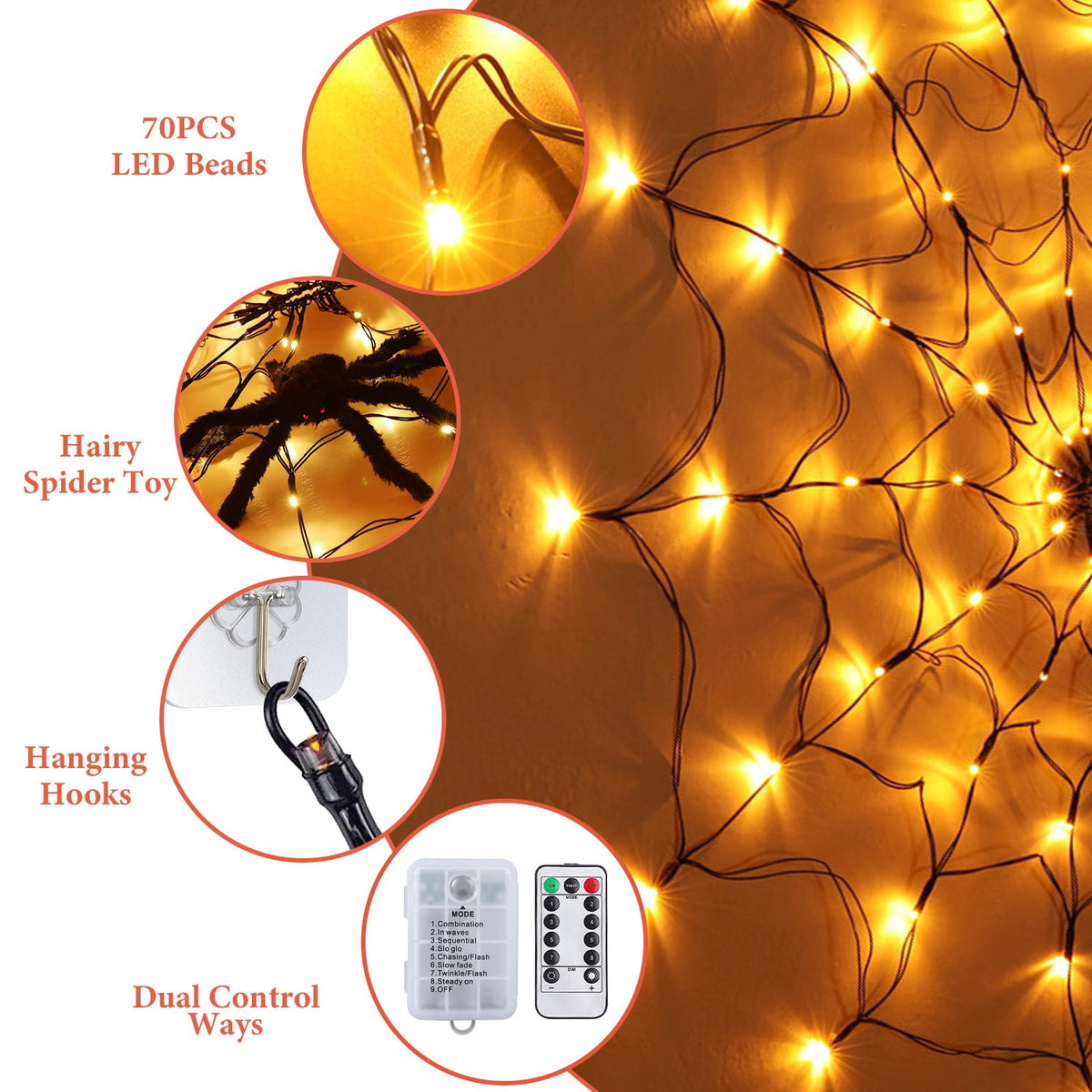 Haunt & Co Halloween Spider Web Light LED and a 5in Spider, 3.28ft Spider Web Light Decorations 70 LED Lighted, Indoor Outdoor House Yard Garden Scary Halloween Window Light, Battery Operated, Purple