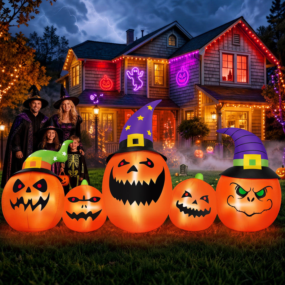 Haunt & Co (2 pack) 8FT Halloween Inflatable Pumpkins Blow ups Outdoor Decorations, Five Pumpkins with LED Lights
