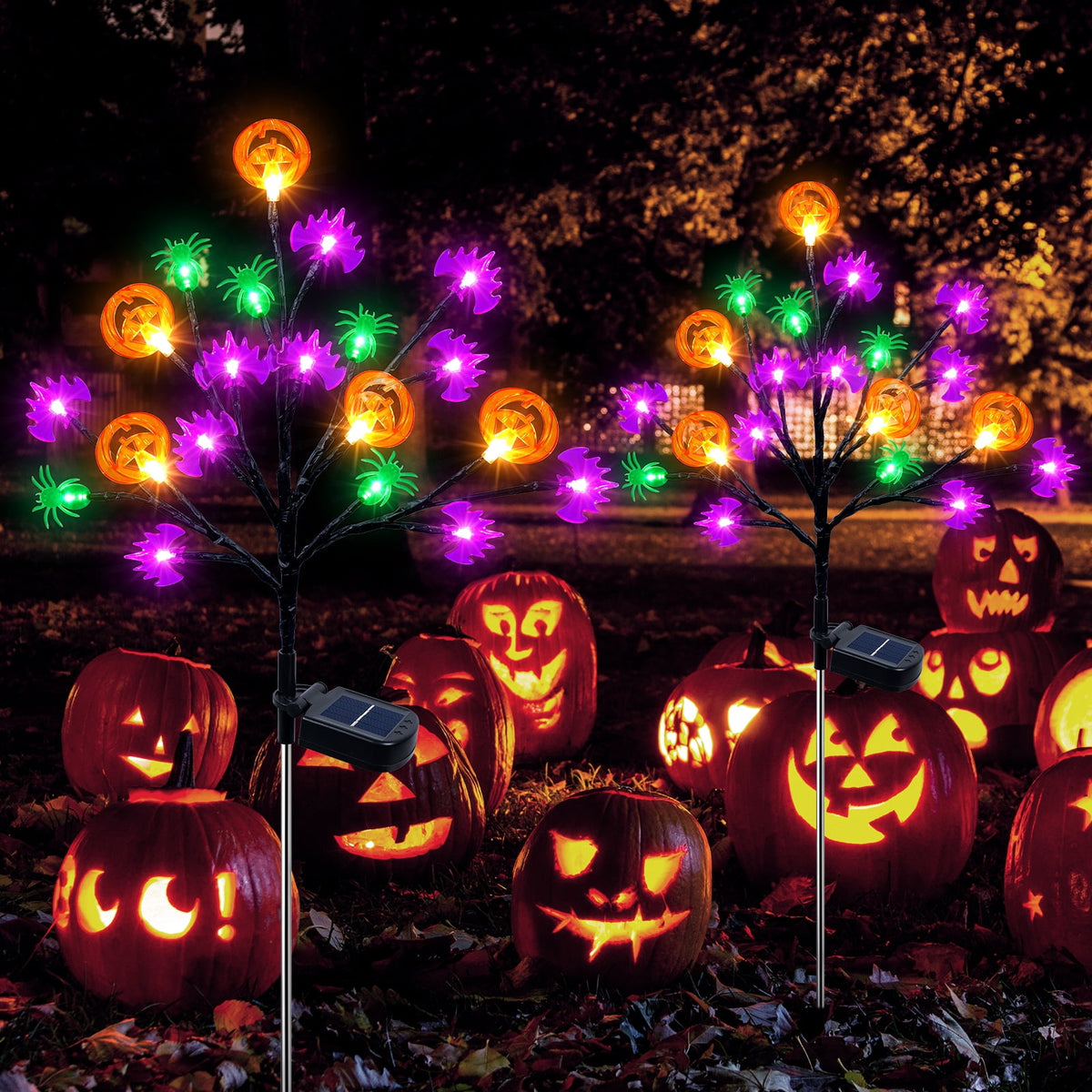 Haunt & Co 2 packs 40 LED Solar Halloween Lights, 2 Modes Halloween Bats Spiders Pumpkin Lights