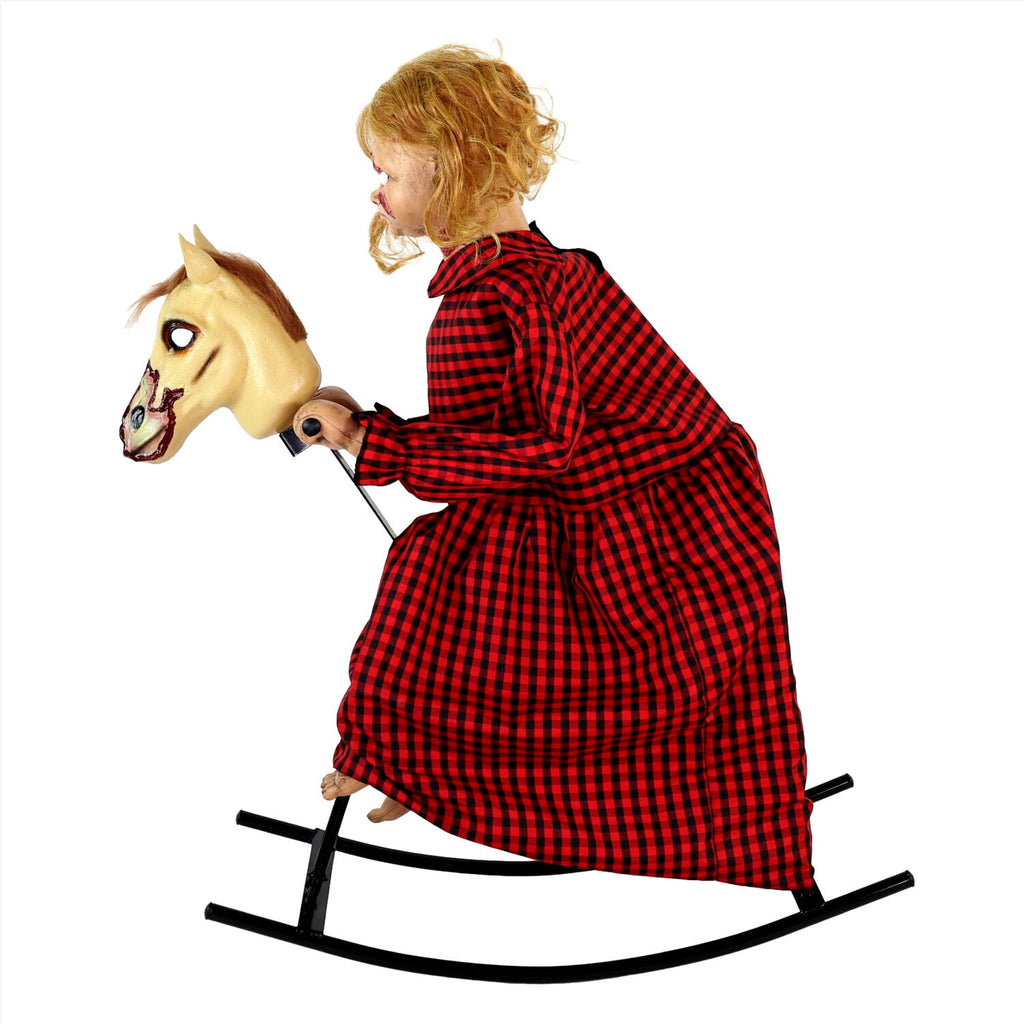 Haunt & Co 3.2 ft Voice & Sound-Sensor Rocking Horse Girl Halloween Animatronic