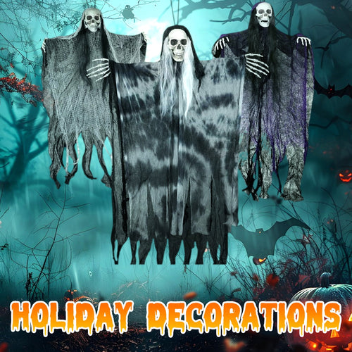 Haunt & Co 3 Pcs Hanging Halloween Skeleton Ghosts Decorations, Halloween Ornaments Outdoor/Indoor, Hanging Grim Reapers Halloween Decorations for Tree Yard Window Garden