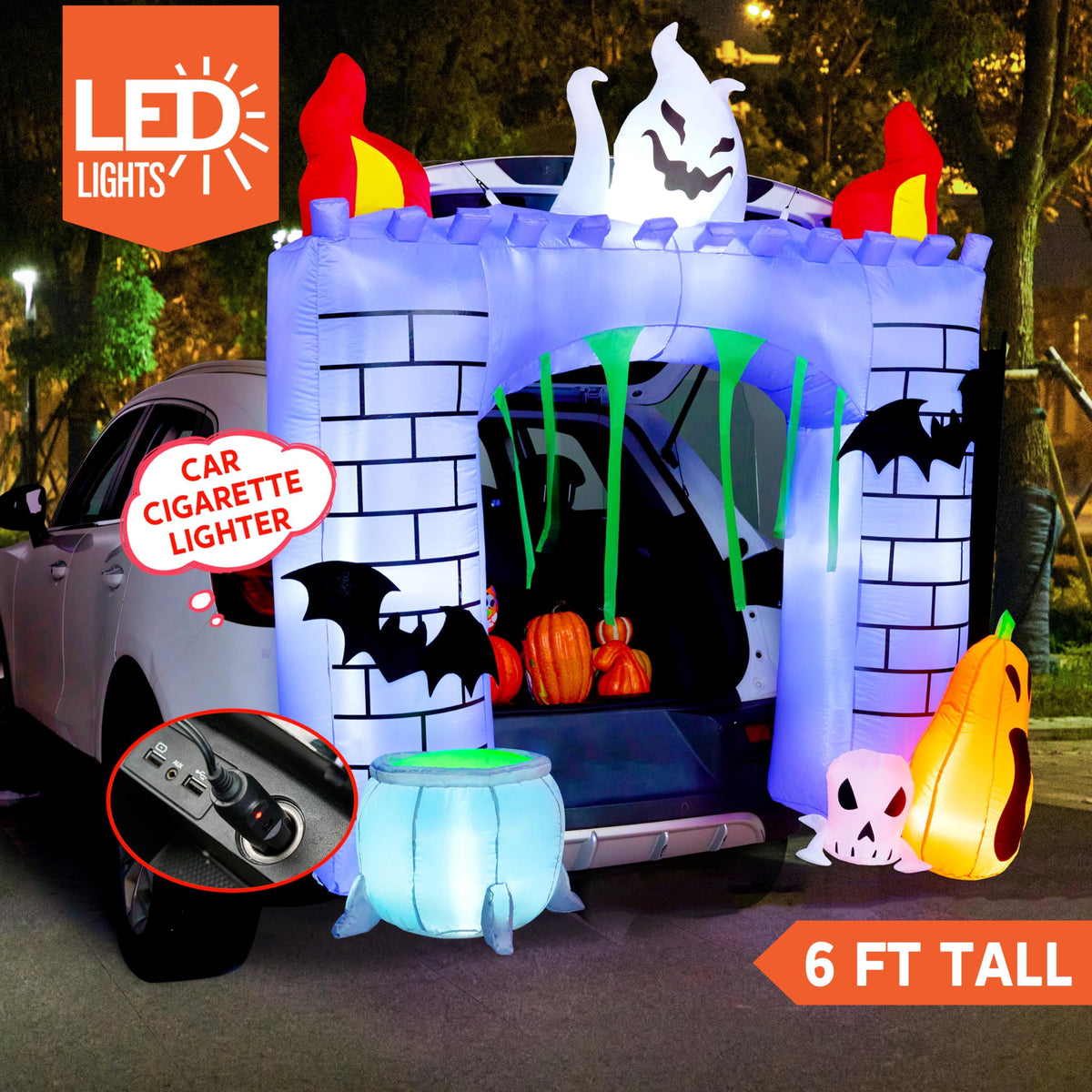 Haunt & Co 6 FT Halloween Inflatable Haunted Castle Decoration,Trunk or Treat Car Decorations Kit Ghost and Pumpkin with Built-in LED Light