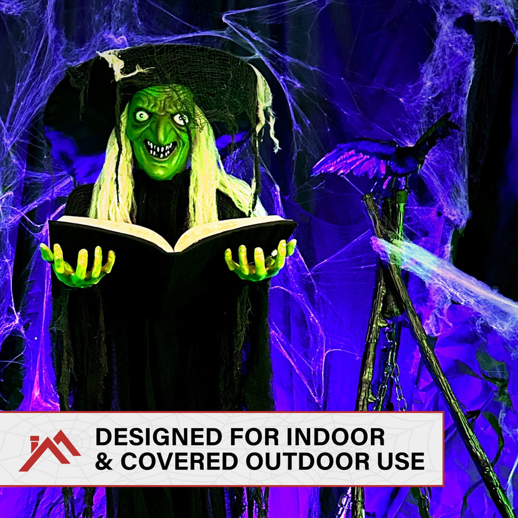 Haunt & Co 5.5 ft Poseable Witch with Spell Book, Lights and Sound, Indoor/Covered Outdoor