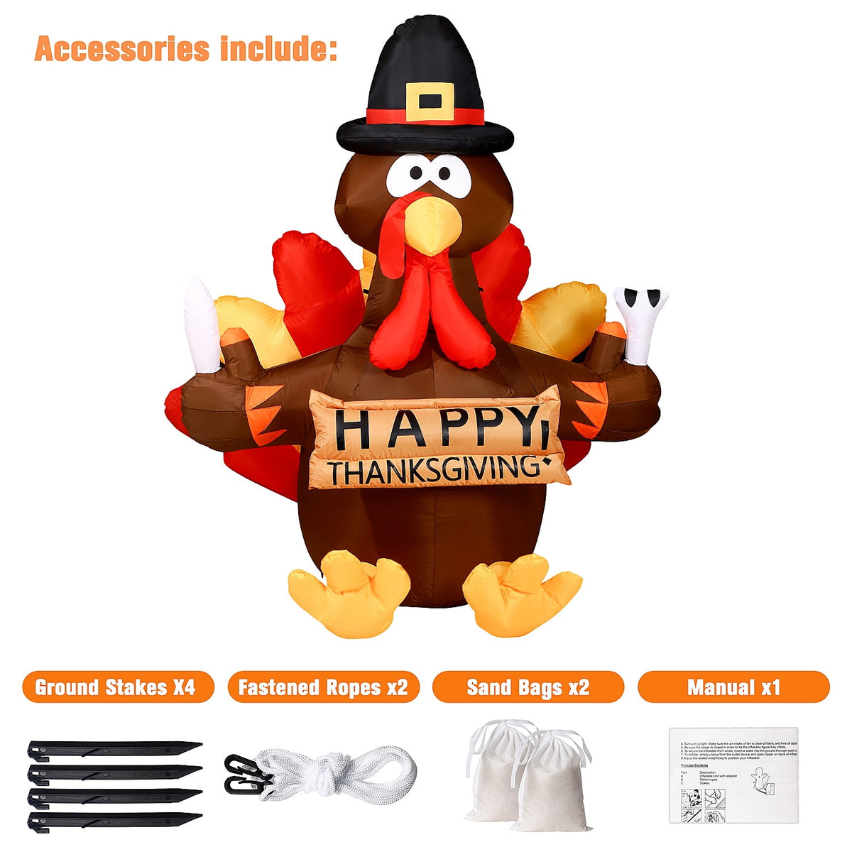 Haunt & Co Thanksgiving Inflatable Turkey 5FT Blow up Outdoor Thanksgiving Inflatables Decoration with LED Lights for Holiday Party Yard Garden