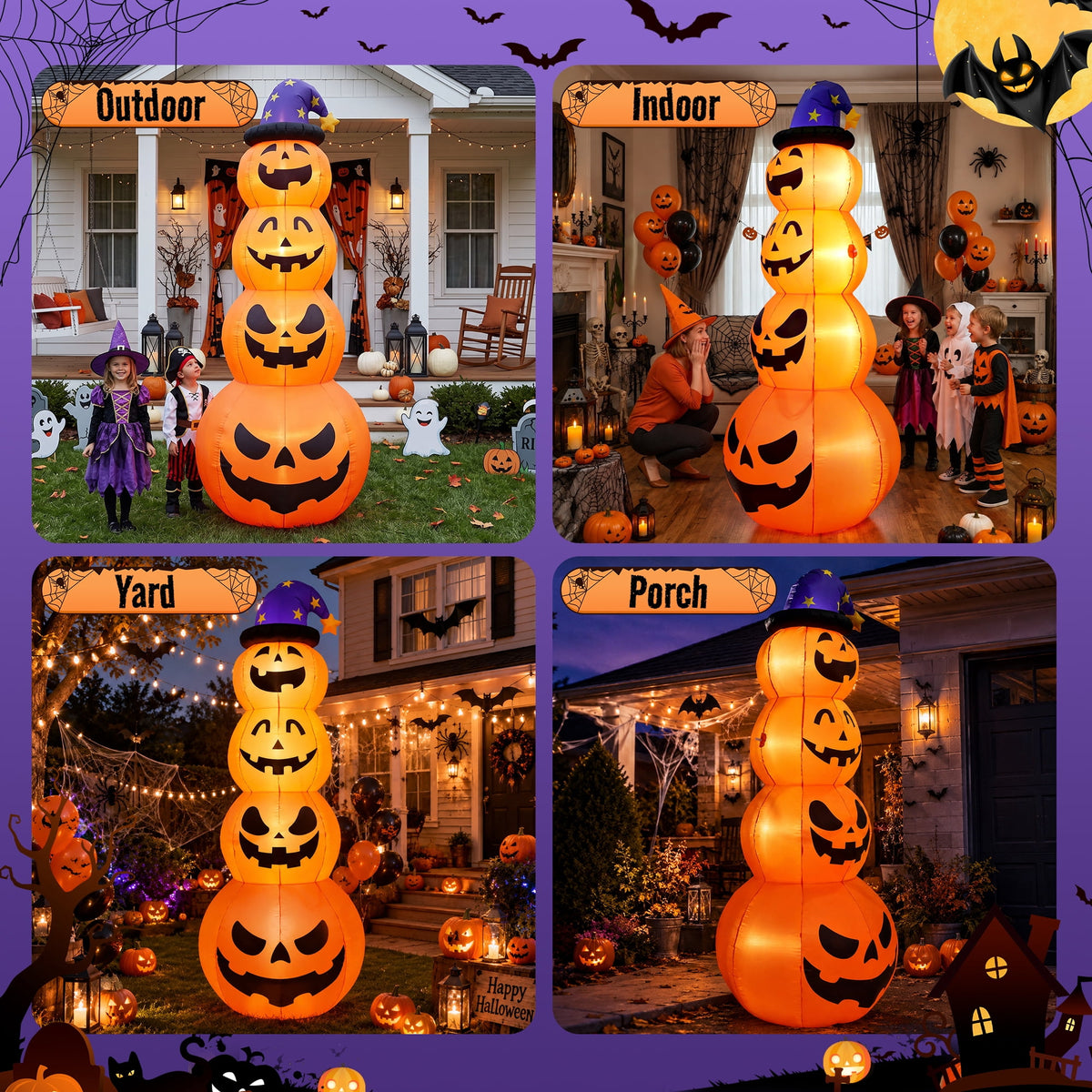 Haunt & Co 8 ft Halloween Pumpkin Stack Inflatable Decoration with Witch Hat, Lighted