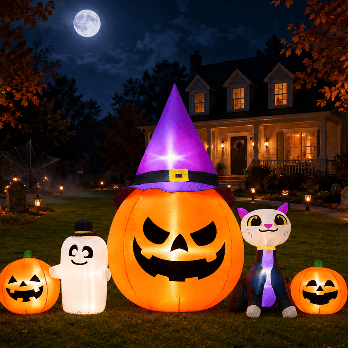 Haunt & Co 8ft Halloween Inflatable Pumpkin & Black Cat Ghost with LED Lights - Outdoor Yard & Garden Decoration
