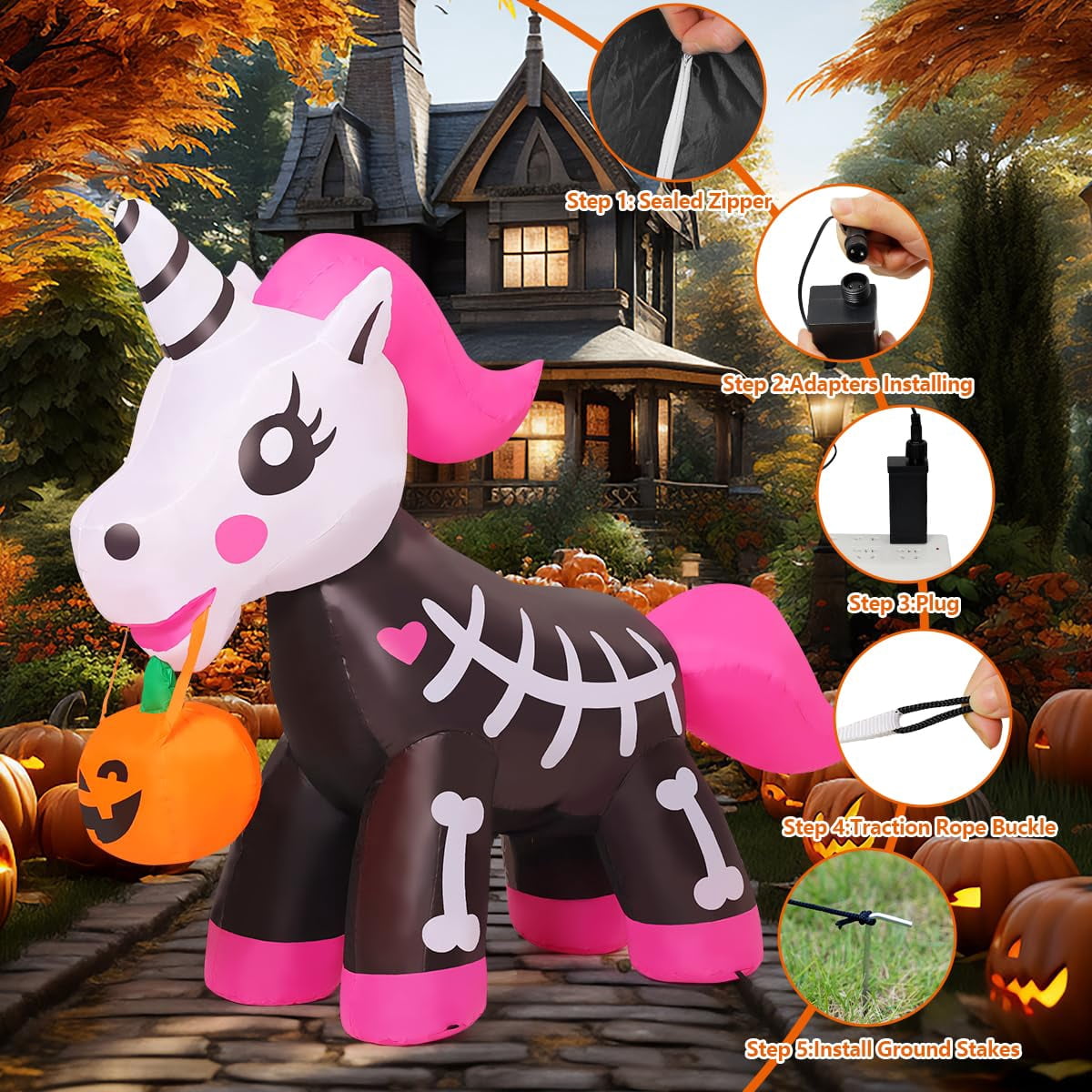 Haunt & Co COMIN 5 FT Halloween Inflatables Skeleton Unicorn Outdoor Decorations Blow Up Yard Pink Cute with Built-in LEDs